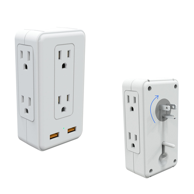American Standard 90 Degrees Rotatable Design 3 Pin 8 Ports Surge Protection Electrical Wall Receptacle Dual USB Wall Socket