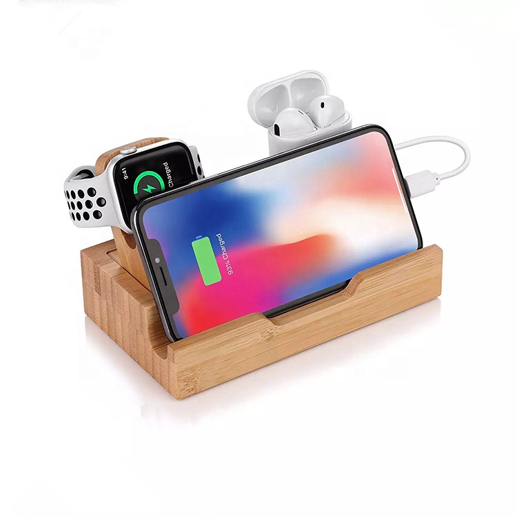 3 in 1 17W Bamboo Wooden Multiple Charging Station Mobile phone Charging Station for Phone /Airpods /Watch