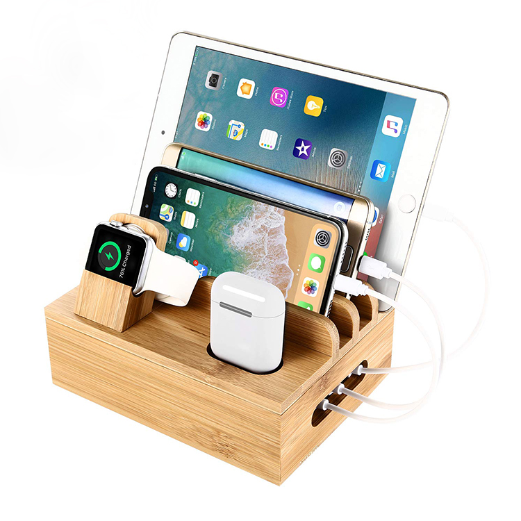 6 in 1 Bamboo Wooden Multiple Charging Dock Station Organizer for Multiple Devices