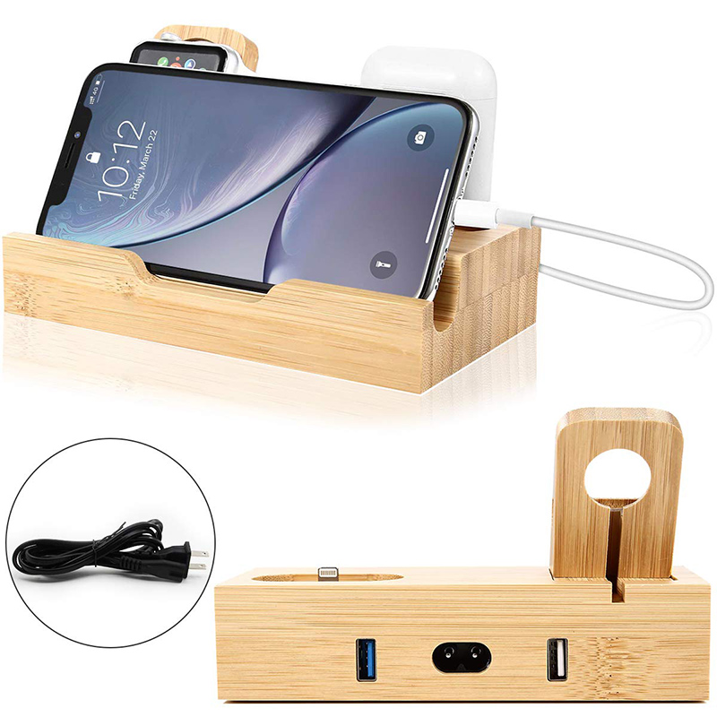 Natural Bamboo Wooden 3 in 1 Mobile Phone Charging Station for Smart Watch Earphone